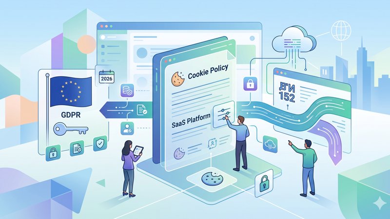 Современная иллюстрация на тему политики cookie и защиты данных для SaaS сервисов в 2026 году