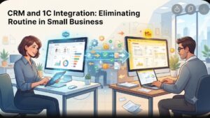 Схематичное изображение процесса интеграции CRM и 1С для автоматизации рутинных продаж в малом бизнесе Sales Machine