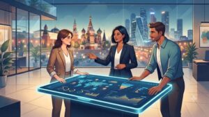 Современная концептуальная иллюстрация к руководству по выбору B2B CRM системы от компании Sales Machine